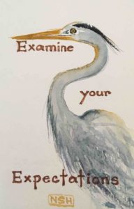 Original painting of a great heron and a quote about expectations