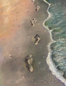 Original pastel of one set of footsteps in the sand