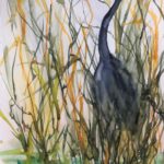 Original painting of Blue Heron standing still in the reeds